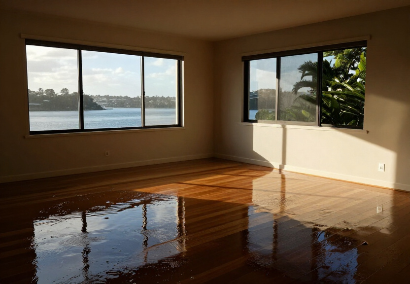 Flooded living room in St Marys before restoration